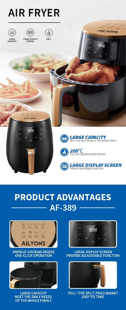 AILYONS AIR FRYER airfryer 1400W Large Firepower ,Various Cooking Modes, One-click Operation,Energy Heat Cycle, Reduce Baking Time ,Pull Type Split Fried Basket.