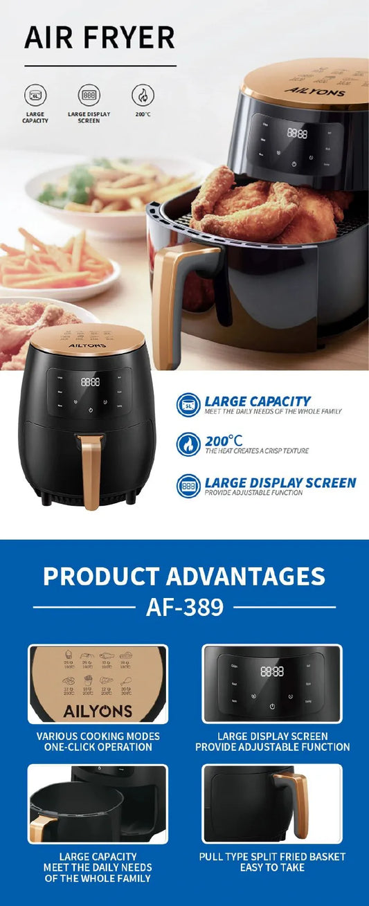 AILYONS AIR FRYER airfryer 1400W Large Firepower ,Various Cooking Modes, One-click Operation,Energy Heat Cycle, Reduce Baking Time ,Pull Type Split Fried Basket.