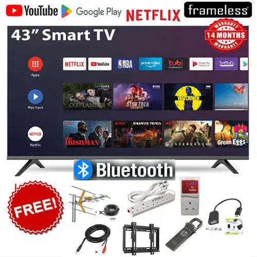 BLUETOOTH VITRON HTC4388FS 43" INCH FRAMELESS FHD SMART TV ANDROID TV NETFLIX ,YOUTUBE TELEVISION INBUILT DECODER , BUILT-IN WIFI, APP STORE 1GB-RAM 8GB-ROM 2*USB PORTS,3*HD