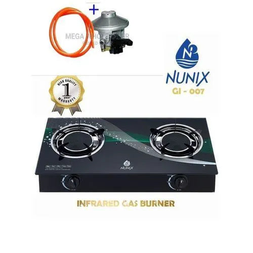 Nunix Two Burner Tabletop Infrared Low Gas Use Stove + Regulator+ Pipe